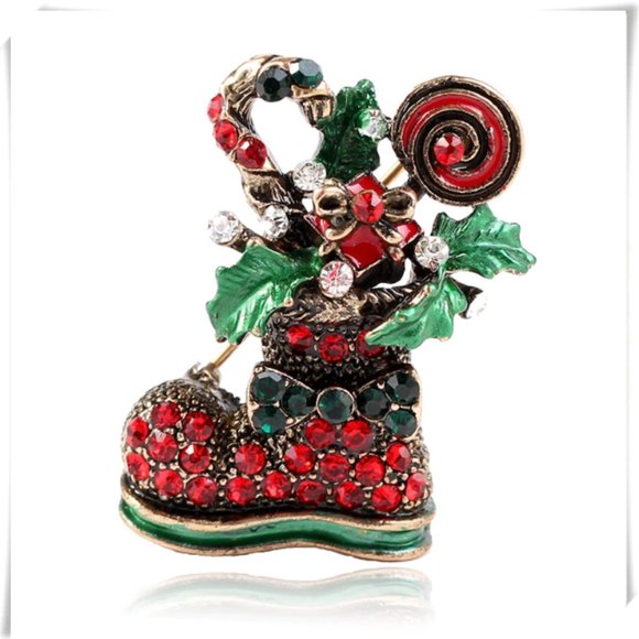 ❤️5/$15💚 Christmas Gold Boot Sock Stocking Candy Poinsettia Pin Brooch - Picture 1 of 2